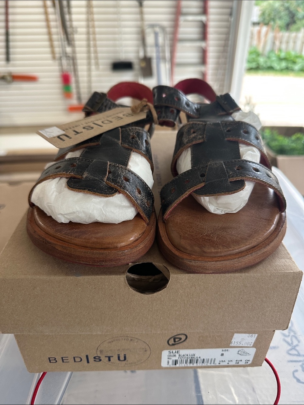 BED|STU Black Leather Woven Fisherman Sandals with Brown Soles